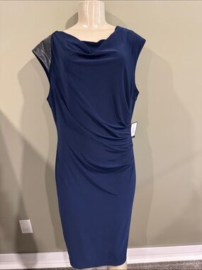 Nine West Navy Midi Drape Sheath Dress with Black Shoulder Detail